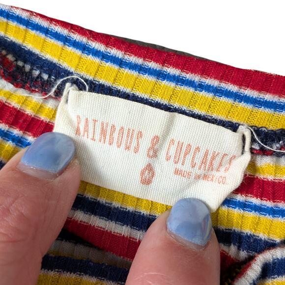 Rainbows & Cupcakes Y2K Rainbow Striped Fitted Top with Lettuce Hem | Women's XS - Picture 3 of 6